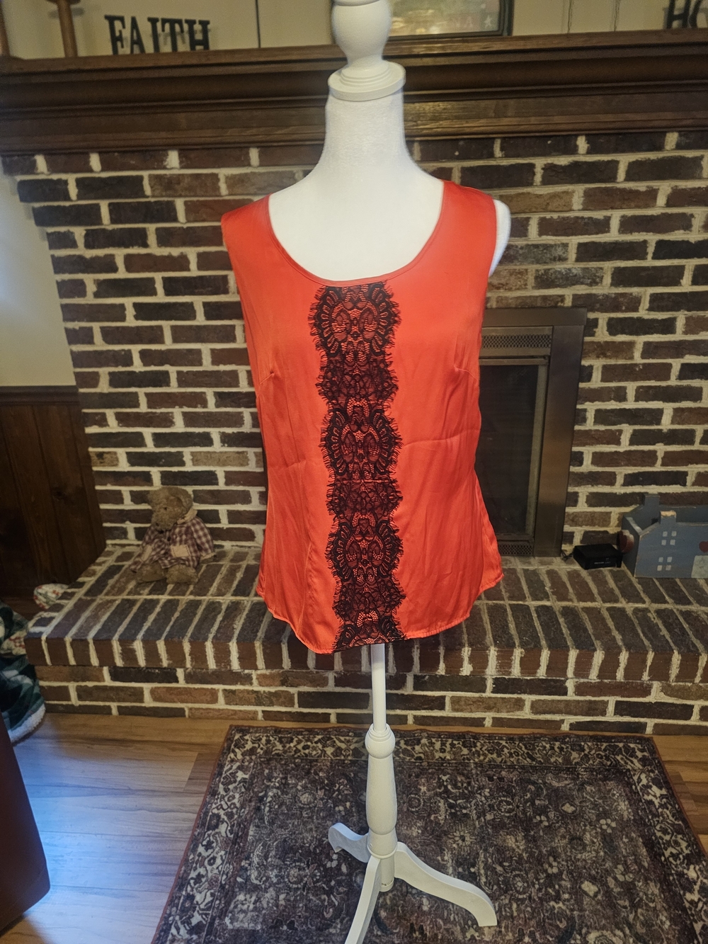 Sleeveless Red Satin Tank with Black Lace Trim Size M